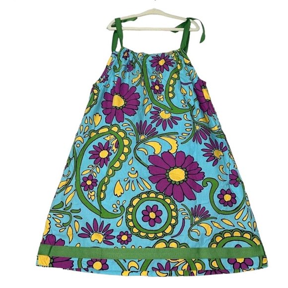 Hanna Andersson Dress Kids 6/7 Blue Purple Green Ribbon Trim Flowers - Picture 1 of 11